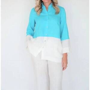 NEW ILINEN classic button down in turquoise/white